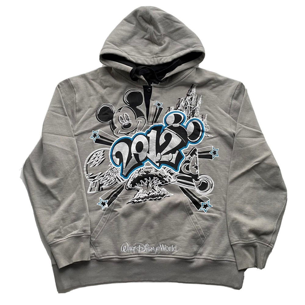 Disney Parks 2012 Henley Hoodie Pullover Sweatshirt Mickey Mouse Castle XL Gray